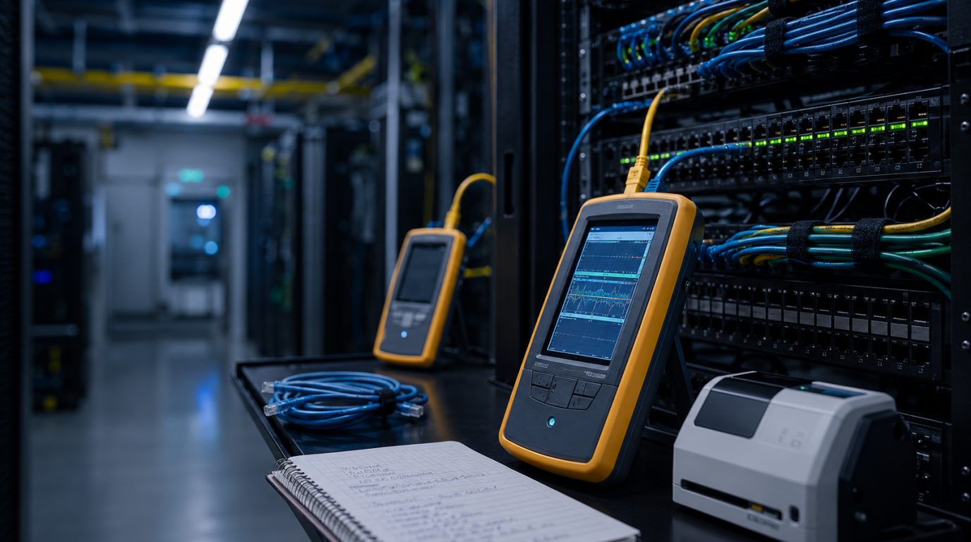 Certificador de cabeamento conectado a rack com patch panels e cabos organizados em sala técnica, durante certificação de rede da DELMAT
