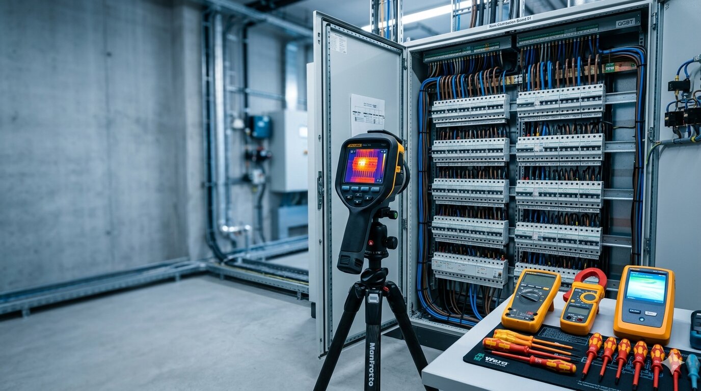 Câmera termográfica Fluke em tripé apontada para quadro elétrico QGBT durante manutenção preventiva da DELMAT, ao lado de multímetros e ferramentas isoladas