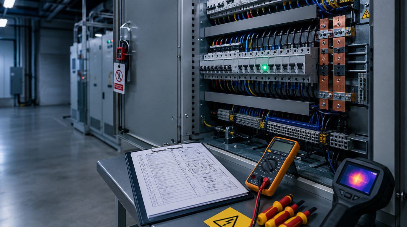 Quadro elétrico organizado com etiqueta de bloqueio durante inspeção NR-10 da DELMAT, com prancheta do prontuário das instalações, multímetro, termovisor e ferramentas isoladas sobre a bancada