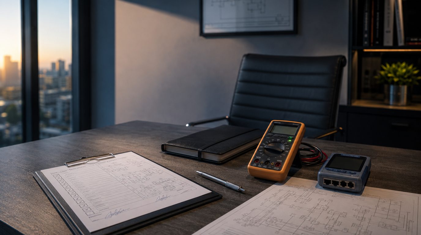 Mesa de trabalho com prancheta de laudo técnico, multímetro, certificador de rede e diagramas de instalações elétricas da DELMAT