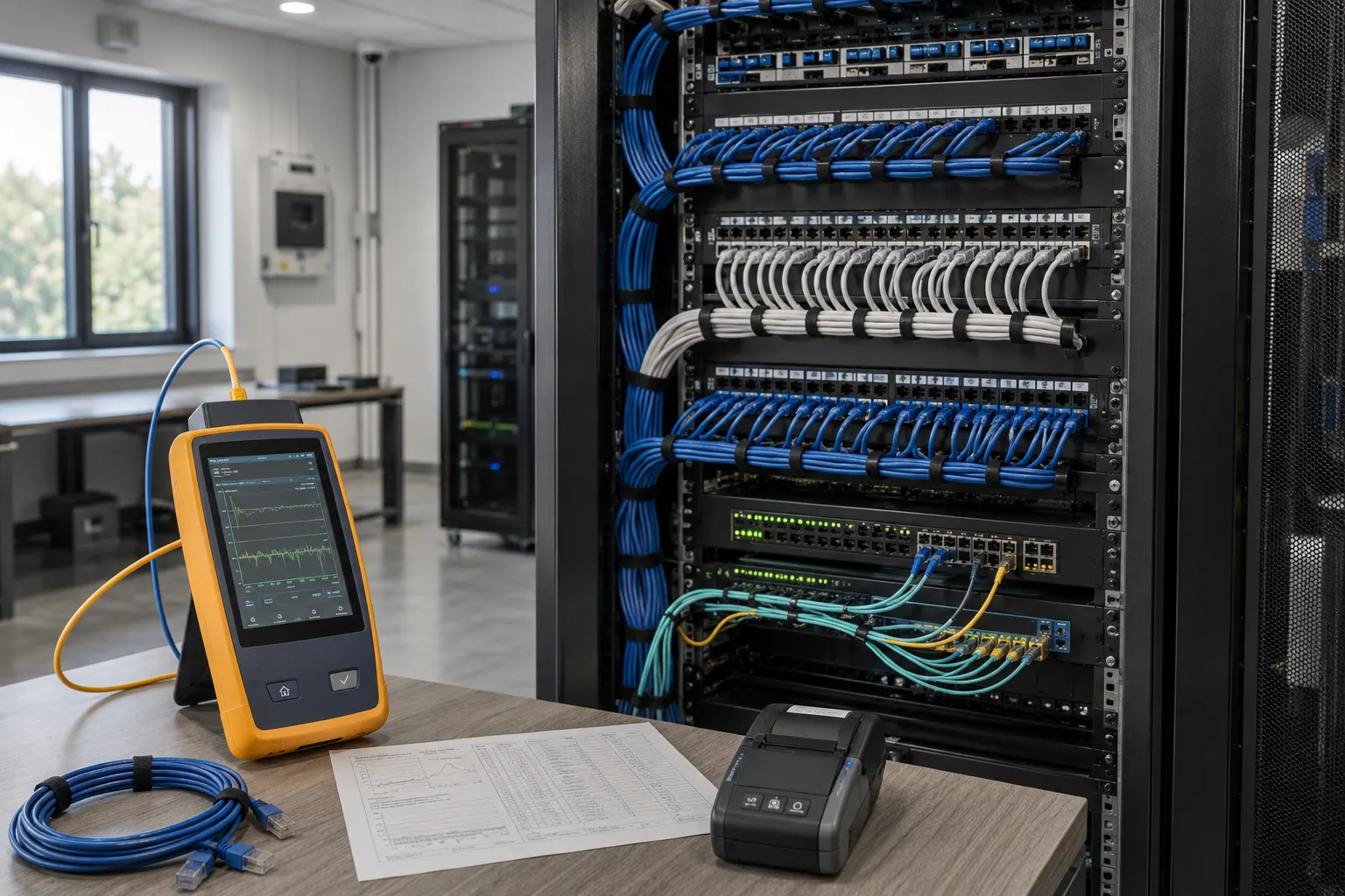 Rack profissional com cabeamento estruturado organizado