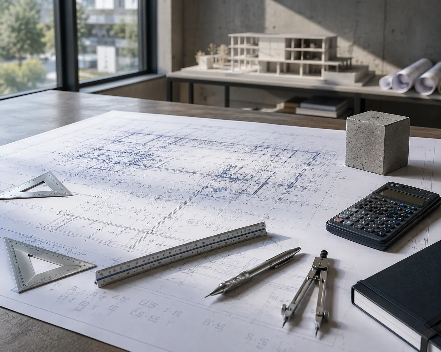 Ambiente de projeto de engenharia civil com pranchas estruturais e instrumentos técnicos sobre a mesa