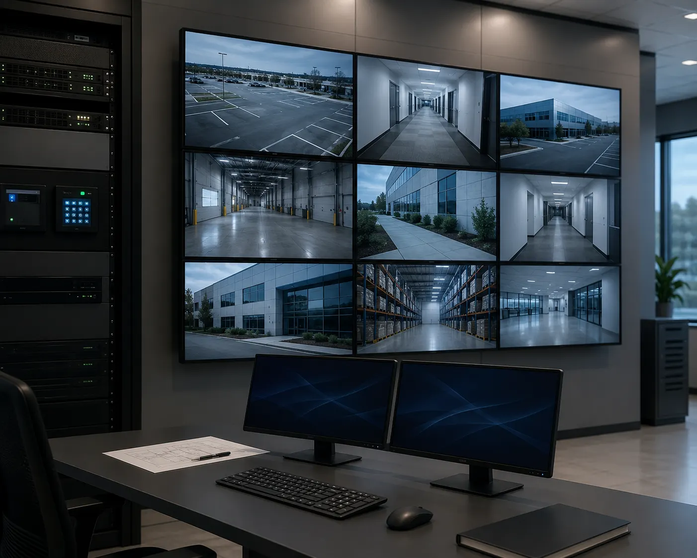 Ambiente de monitoramento de segurança eletrônica com monitores de CFTV e rack de equipamentos